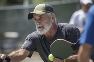 foto di un anziano uomo Tenere un' pickleball racchetta su un' pickleball Tribunale. generativo ai