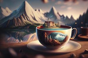 un' cinematico tiro di disney tè tazza nel Parigi, illustrazione con cinematico illuminazione, premio vincente illustrazione , creare ai foto