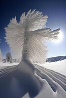 neve coperto albero seduta su superiore di un' neve coperto pendenza. generativo ai. foto