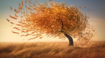 caduta le foglie a partire dal un' albero nel il tramonto ai generato foto