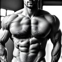 nero e bianca realistico 3d illustrazione di un' muscolare uomo corpo con confezione da sei addominali ai generato foto