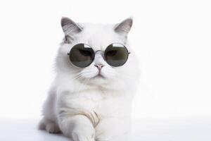 un' freddo bianca gatto indossare nero occhiali da sole su un' bianca sfondo creato con generativo ai tecnologia. foto