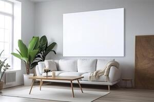 vuoto bianca tela dentro di un' vivente camera per un' parete arte modello illustrazione con generativo ai foto