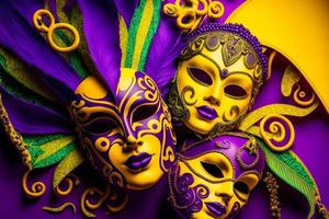 gruppo di veneziano mardi gras maschera o travestimento su un' colorato luminosa sfondo. neurale Rete generato arte foto