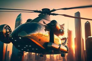 moderno futuristico esercito elicottero trasporto nel città centro. neurale Rete generato arte foto