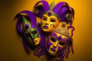 gruppo di veneziano mardi gras maschera o travestimento su un' colorato luminosa sfondo. neurale Rete generato arte foto