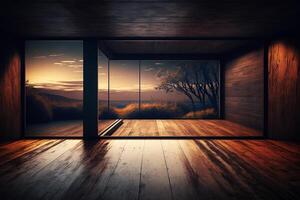legna vuoto superficie e vivente camera come sfondo nel il sera ai generato foto