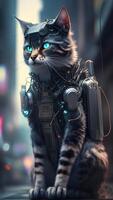 illustrazione di gatto nel cyberpunk stile con abbigliamento e capi di abbigliamento con futuristico città sfondo e neon luce. scienza finzione fantasia Immagine. ai generato immagini. foto