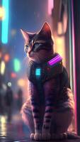 illustrazione di gatto nel cyberpunk stile con abbigliamento e capi di abbigliamento con futuristico città sfondo e neon luce. scienza finzione fantasia Immagine. ai generato immagini. foto