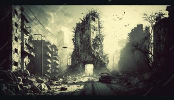 illustrazione pittura di distrutto abbandonato città, digitale illustrazione, rovine raccapricciante grunge disegno pauroso orrore zombie apocalisse, edifici, strade, creare ai foto