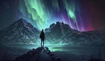 settentrionale luci e giovane donna su montagna picco a notte. aurora boreale, pietre e silhouette di solo ragazza su montagna sentiero. paesaggio con polare luci, creare ai foto