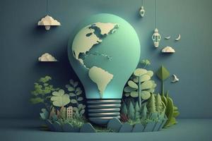carta tagliare di leggero lampadina con verde eco città , rinnovabile energia di 2050 carbonio neutro energia o serra gas emissione co2 , Salva energia creativo idea concetto foto
