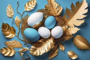 Pasqua uova grafico sfondo, bianca uova e d'oro nido e le foglie artsy decorazione su azzurro copia spazio. generativo ai illustrazione, generativo ai foto