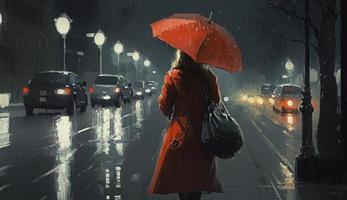 illustrazione pittura di donna rosso camicia con rosso ombrello attraversamento il strada, piovoso notte, creare ai foto
