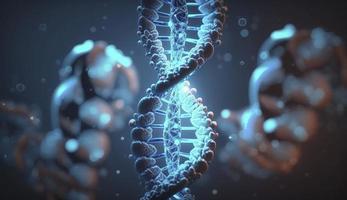 blu cromosoma dna e gradualmente raggiante sfarfallio leggero importa chimico quando telecamera in movimento avvicinamento. medico e eredità genetico Salute concetto. tecnologia scienza. 3d rendering, creare ai foto