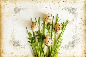 Pasqua carta con Quaglia uova e verde erba cipollina foto