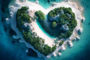 a forma di cuore isola, un' tropicale isola circondato di il mare. tropicale Paradiso sfondo. generativo ai foto