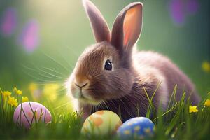 Pasqua coniglietto con dipinto uova su il verde prato. Pasqua. generativo ai foto