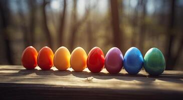 riga di colorato Pasqua uova su di legno tavolo e bokeh sfondo, posto per tipografia e logo. rustico di legno tavolo. Pasqua tema. generativo ai. foto