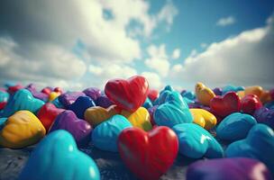 colorato cuore forma Palloncino con blu cielo. San Valentino giorno sfondo con cuore sagomato palloncini. generativo ai. foto