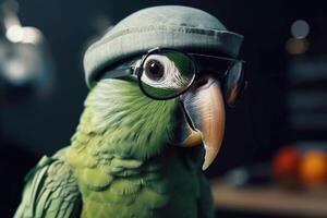 Sig verde pappagallo signore nel capo cappello e scienziato. ai generato. foto