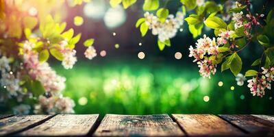 il fiori siamo su il tavolo nel il giardino con ai generato. foto