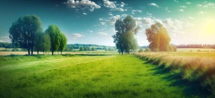 il paesaggio di naturale erba campo e alberi con ai generato. foto