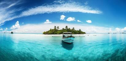 il paesaggio di tropicale mare e isola con un' barca e ai generato. foto