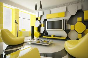 ai generato moderno High Tech classico interno design vivente camera nel giallo toni e colore foto