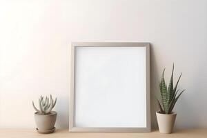 ai generato telaio biege vuoto modello nel minimalista interno con impianti nelle vicinanze su biege sfondo foto