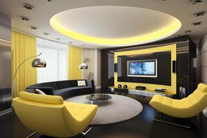 ai generato moderno High Tech classico interno design vivente camera nel giallo toni e colore foto