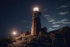 faro nel mare a stellato notte. navigazione per navi. generativo ai foto