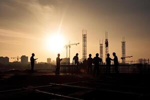 sagome di ingegneri a costruzione luogo a tramonto. generativo ai foto