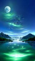 grande corpo di acqua con verde luci nel il cielo. generativo ai. foto