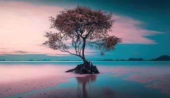 bellissimo estate scena tropicale isola nel il oceano, vacanza vacanza concetti, bellissimo natura sabbia, luce del sole, oceano acqua con generativo ai. foto