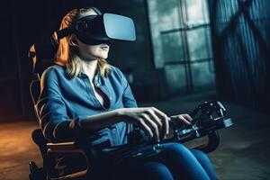 un giovane donna nel un' sedia a rotelle utilizzando virtuale la realtà cuffia. vr gadget, , formazione scolastica in linea o gioco concetto. generativo ai foto