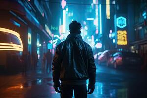 un' uomo sta nel un' cyberpunk città. vuoto strada con luminosa neon luci riflettendo nel un' acqua. generativo ai foto