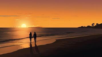 un' spiaggia scena con un' coppia godendo un' romantico tramonto. generativo ai foto