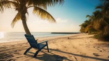 un' spiaggia scena con un' palma albero e un' spiaggia sedia. generativo ai foto