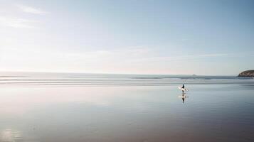 un' spiaggia scena con un' paddleboarder nel calma acque. generativo ai foto