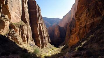 un' canyon con ripido roccia muri. generativo ai foto