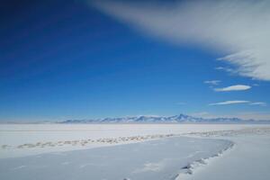 ai generato vasto distesa di congelato tundra con innevato montagne nel il distanza e un' chiaro blu cielo in testa. foto