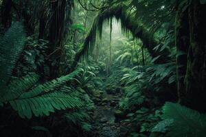 ai generato denso foresta pluviale con lussureggiante verde fogliame. ai generato foto