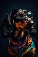 ritratto di un' carino nero e abbronzatura, dai capelli lunghi bassotto cane con retrò bicchieri e un' bandana o sciarpa su nero studio sfondo. generativo ai arte. foto