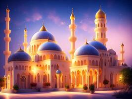 carino e adorabile musulmano moschea con blu cupola nel il sera. generativo ai foto