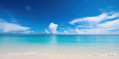 tropicale mare e sabbioso spiaggia con blu cielo sfondo. generativo ai foto