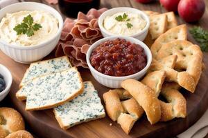 Tedesco cucina. austriaco cucina. diverso tipi di cibo nel ciotole su un' buio sfondo. salatini con gorgonzola formaggio e cracker . generativo ai foto