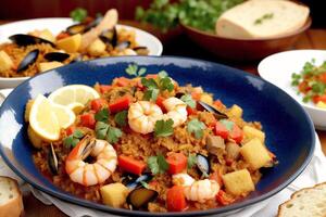 spagnolo cucina. spagnolo paella con gamberetti, mitili e verdure. frutti di mare paella con gamberi, cozze e pomodori. generativo ai foto