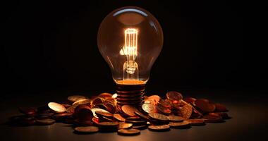 leggero lampadina su superiore di monete. crescente energia costo concetto. leggero lampadina su superiore di un' pila di oro monete. generativo ai. foto