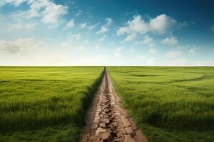 il paesaggio di erba i campi e blu cielo strada principale via in il distanza. generativo ai. foto